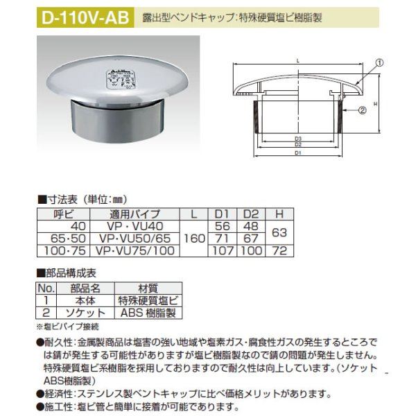 画像1: 【アウス】 D-110V-AB　特殊硬質塩ビ樹脂製ベンドキャップ露出型【A7】 (1)