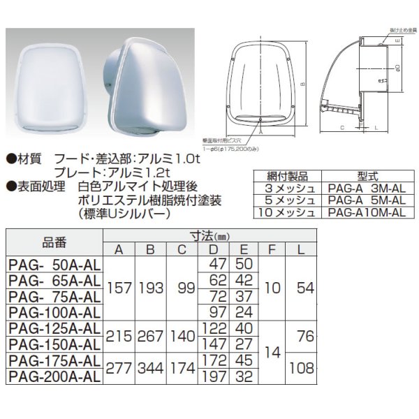 画像1: アルミ製　深型フード　横ガラリ　　【A7】 PAG-A-AL (1)
