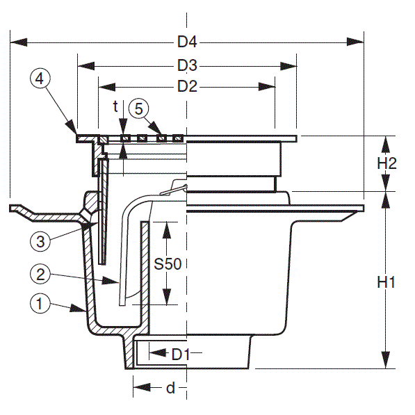 D-5BS-50 防水用床排水トラップ普及型 アウスのことなら配管資材の材料