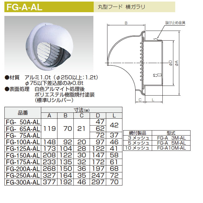 Fg A Al アルミ製丸型フード 横ガラリ 株式会社ユニックス のことなら配管資材の材料屋 いいなおおきに