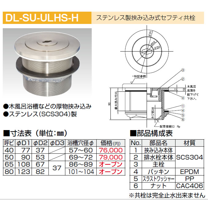 DL-SU-ULHS-H 挟み込み式ステンレス製セフティ共栓 【A9】のことなら配管資材の材料屋【いいなおおきに！】